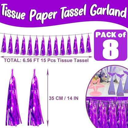 8P Purple Foil Fringe Metallic Tassel Streamers Banner Tassel Garland for Parade Floats, Bachelorette, Wedding, Birthday, Halloween, Christmas, Bridal/Baby Shower Party Decorations