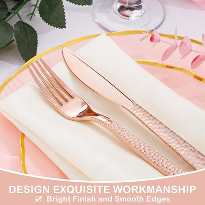 Supernal 180pcs Rose Gold Plastic Silverware Heavy Duty Plastic Forks and Spoons, Rose Gold Disposable Silverware Sets Include 60 Forks, 60 Knives and 60 Spoons Suitable for Wedding, Party, Birthday