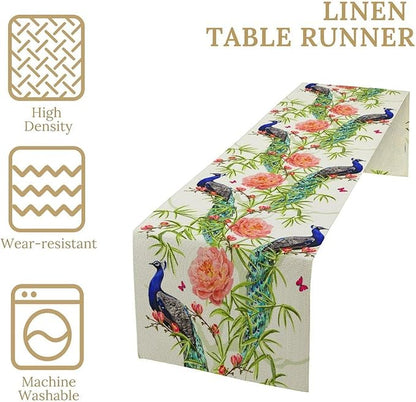 Peacock Table Runner,Seasonal Flower Plants Peacock Birds Table Runner for Home Kitchen Dining Party Indoor Outdoor Decoration 13x60 Inch