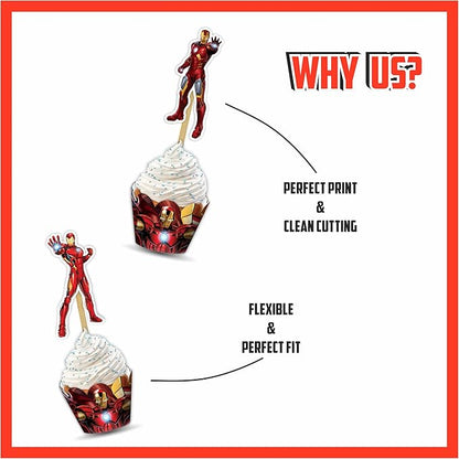 "Irn Man Cupcake Wrapper – Theme Birthday Party Supplies – Cartoon Inspired Cupcake Decoration Wraps for Birthday, Baby Shower, School Events, and Themed Parties"