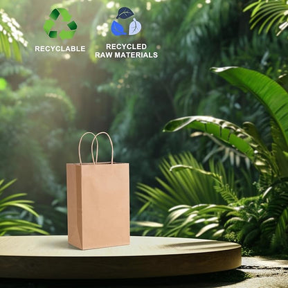 METRONIC Brown Paper Bags with Handles Bulk 5.25x3.75x8'' 100 Pcs Kraft Gift Bags for Small Business, Birthday, Wedding, Party Favors, Christmas, Retail Shopping, Made in USA