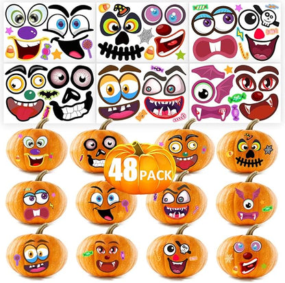 48Packs Pumpkin Decorating Kit, Make Your Own Small Pumpkin face Stickers, Halloween Pumpkin Decorating Stickers for Kids Halloween Party Favors