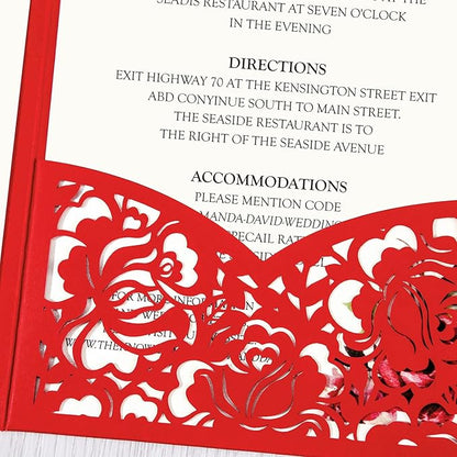 DORIS HOME 50pcs Laser Cut Wedding Invitations with Envelopes Red, 4.7x7.1 Personalized Invitation Cards for Wedding, Anniversary Invitations with Envelopes