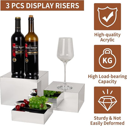 3 Pcs Acrylic Risers for Display, Acrylic Cube Box Food Display Risers Stand Shelf for Catering Dessert Collectibles Jewelry Figures Party (Silver3pc)