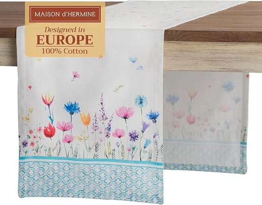 Maison d' Hermine Table Runner 100% Cotton Single Layer Table Runners 108 inches Long Decorative for Home Kitchen Dining Party Wedding Bridal Shower Spring Summer (Flower in The Field, 14.50" x 108")