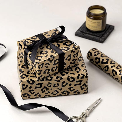 WRAPAHOLIC Reversible Leopard Wrapping Paper - Mini Roll - 17 Inch X 33 Feet - Leopard Print with Metallic Foil Shine and Stripe Design for Birthday, Holiday, Baby Shower