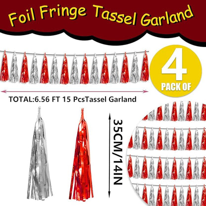 4P Red Silver Foil Fringe Tassel Banner Garland Metallic Tinsel Streamers Wall Hanging Curtain Backdrop Banner for Parade Floats, 2024 Graduation Decorations, Father's Day, Wedding Party Decoration