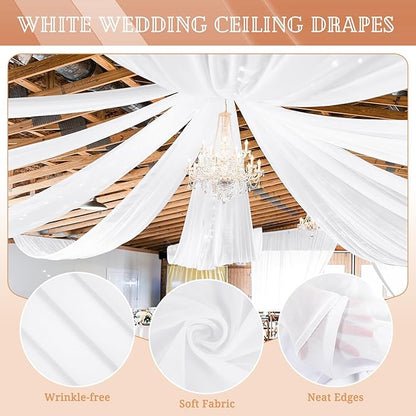 6 Panels White Ceiling Drapes for Wedding 5ftx15ft Sheer Drapery Chiffon Fabric Arch Draping Curtains for Party Ceremony Birthday Baby Shower Reception Stage Ceiling Decorations