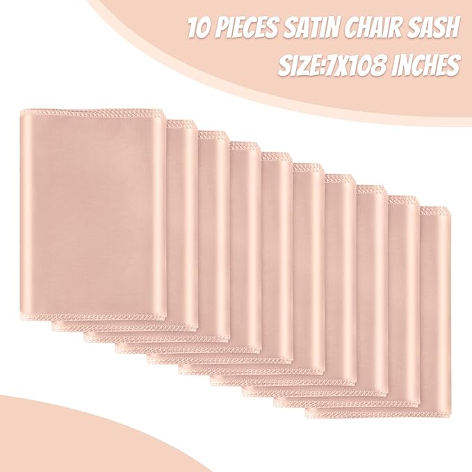 10 PCS Blush Pink Satin Chair Sashes Bows Universal Chair Ribbon Ties Back Sash for Wedding Party Reception Events Banquets Hotel Event Chair Cover Decoration (7x108 inch)