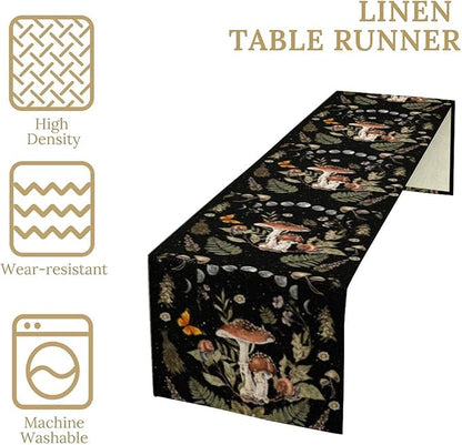Mushroom Kitchen Table Runner, Boho Vintage Wild Flower Gothic Witchy Moonlit Forest Plant Table Runner for Bedroom Living Room Kitchen Dinner Table, 13x60 Inch