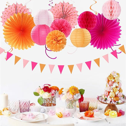 Pink-Orange Fall Party-Decorations Paper-Flowers Lanterns - 20PCS Autumn Wedding Birthday Tissue Pom Poms Streamers Fans Honeycomb, Groovy Boho Baby Shower Rustic Hanging Supplies Decor Burgleda