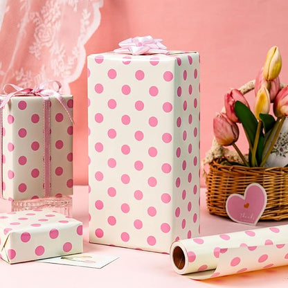 Burymento Pink and Beige Dots Wrapping Paper, Reversible Pink Gift Wrap for Birthday, Valentines, Mothers day, Graduation, Wedding, Fathers day, Baby Shower, Christmas (17in x 32.8ft)