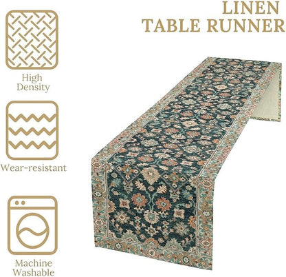 Vintage Boho Floral Table Runner, Rustic Country Farmhouse Blue Teal Red Bohemia Flower Pattern for Home Kitchen Table Decor Dining Coffee Room Party Decor 13x90in