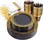 NOCCUR 210pcs Black and Gold Dinnerware Set - Black Disposable Plates and Napkins Party Supplies Include 60 Dinner/Dessert Plates, 30 Prerolled Plastic Cutlery&30 Cups for Party, Birthday, Halloween