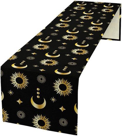 Magic Gold Sun Moon Stars Table Runner Mystical Farmhouse Rustic TableRunner for Party Holiday Dining Room Kitchen 13x90 Inch