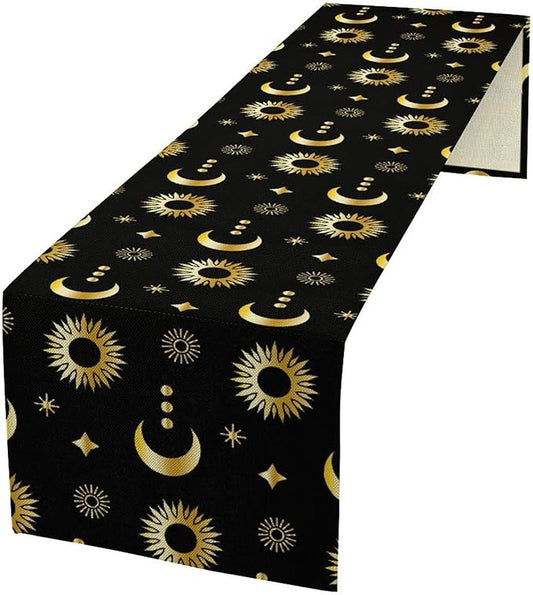 Magic Gold Sun Moon Stars Table Runner Mystical Farmhouse Rustic TableRunner for Party Holiday Dining Room Kitchen 13x108 Inch