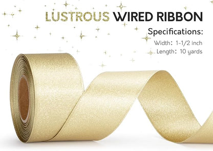 Gold Satin Wired Ribbon 1-1/2 Inch Double-Faced Glitter Ribbons for Wreath, Christmas Tree Decoration, Gift Wrapping, Home Decor 10 Yards