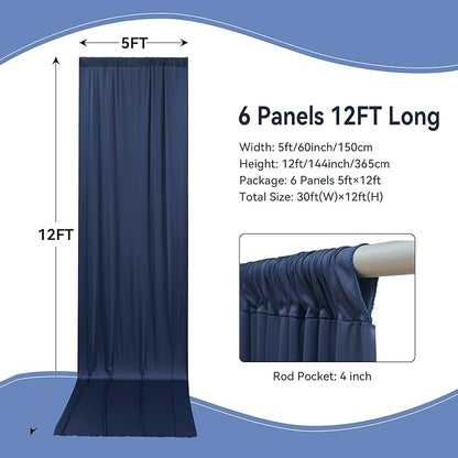 30×12ft Navy Blue Wrinkle Free Backdrop Curtain for Wedding Parties, 6 Panels 5×12ft Long Soft Silky Polyester Backdrop Drapes Photo Back Drop Curtains for Birthday Photography Background Cloth