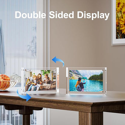3 Pack 4x4 Acrylic Picture Frames - 20% Thicker Double Sided Magnetic Frame with UV Protection - Freestanding Clear Frameless Display for Tabletops - Modern Photo Frame Set for Home & Office Decor