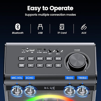 Karaoke Machine with 2 Wireless Microphones, Portable Bluetooth Speaker for Adults Kids with Bass Treble Echo PA System with Remote,LED Light, Supports TF Card,USB,AUX in,TWS,FM,REC for Party