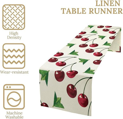 Red Cherry Table Runner Watercolor Tropical Fruit Spring Summer Wild Berry Dinner Runner for Girl Baby Party Holiday Home Kitchen Dining Table Decor 13x36