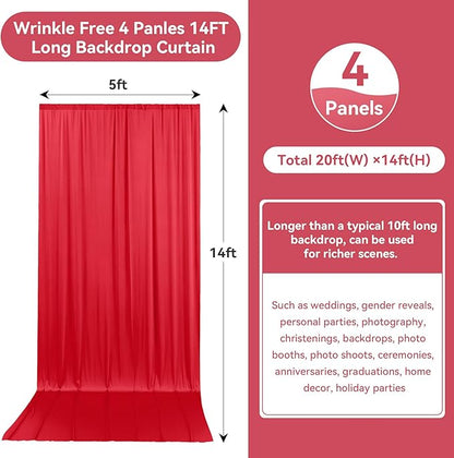 20ftx14FT Wrinkle Free Red Backdrop Curtain, 4 Panels 14FT Height Red Wedding Backdrop Drapes, Silky Polyester Back Drop Cloth for Birthday Photography Background Party Backdrop Draping