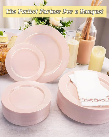 200PCS Pink Plastic Plates Set, 100 10.25 inch Dinner Plates and 100 7.5 inch Dessert Plates, Premium Disposable Plates for Party, Wedding