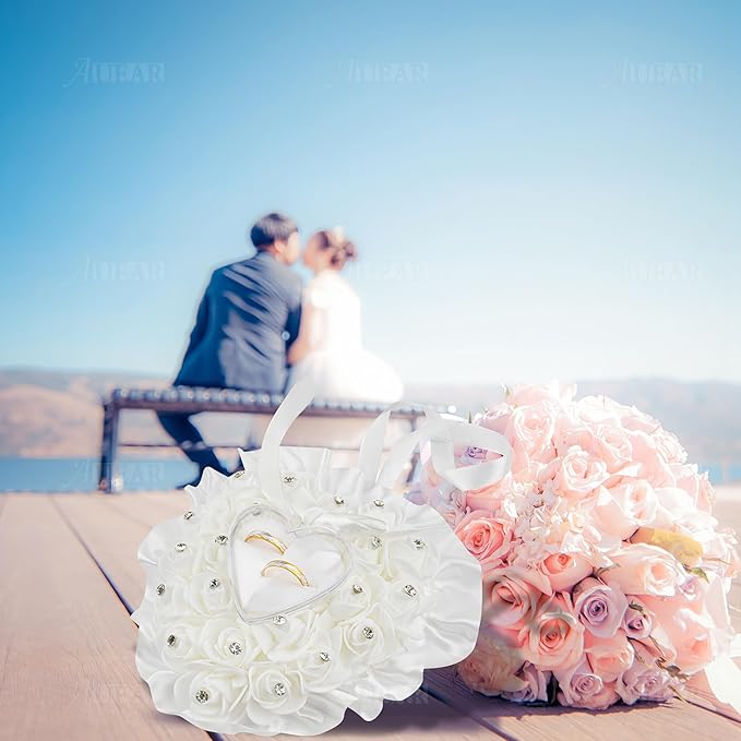 AUEAR, White Wedding Ring Holder Pillow Heart Shape Lace Rose Flower Rhinestone Crystal Box for Ceremony