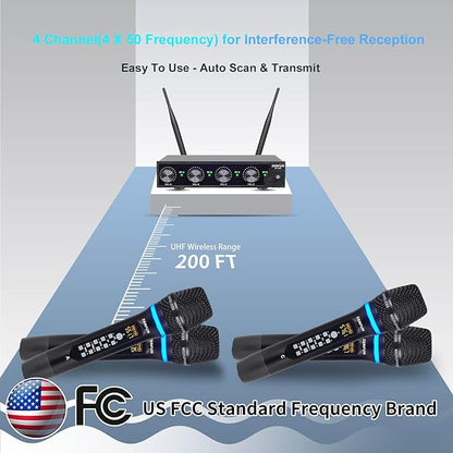 4 Channel Rechargeable Wireless Microphone System, Pro UHF Metal Handheld Wireless Microphones Cordless Mics with Echo Treble BASS VOL Channel Control for Karaoke Singing Church(GT-200)