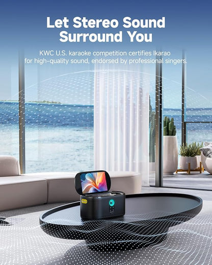 Ikarao Karaoke Machine with Lyrics Display Screen, KaraFun Prime, EQ, Autotune, Connect to TV, 2 Self-Charging Wireless Microphones, Karaoke System for Adults Kids, Portable Bluetooth Speaker for Home
