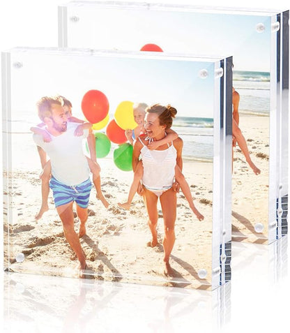 TWING 2 Pack 4x4 Acrylic Picture Frame, Horizontal Magnet Double Sided 4x4 Picture Frame Set with Microfiber Cloth, 10 + 10MM Thickness Clear Desktop Acrylic Photo Frame Display Gifts Ideal, Ideal