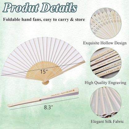25 Pcs Personalized Cream Hand Fans for Wedding, Custom Engraved Silk Fans Folding Hand Fans, Summer Wedding Fans, Custom Wedding Party Favor Bridal Shower Gifts Baby Shower Favors