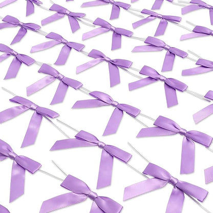 Bright Creations 100 Pack Purple Twist Tie Bows for Treat Bags, 3" Small Satin Ribbons for Craft Decoration, Gift Wrap, Themed Party Favors, Baked Goods - Purple Bow