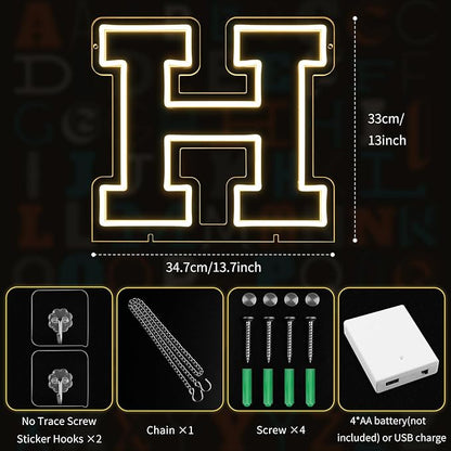 Light Up Letters H, Led Marquee Letter Lights Neon Sign, 13" Height Decorative Lighted Alphabet Number, Battery/USB Powered Led Letters Lights for Wedding, Birthday, Party, Christmas or Home Decor