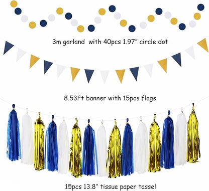 Navy-Blue White-Gold Graduation Party-Decorations - 33pcs Kits Banner, Streamers Tassel Garland,Tissue Pom Poms Honeycomb, Paper Lantern Fans,Wedding Birthday Baby Shower Backdrop Ceiling Decor Hugtmr