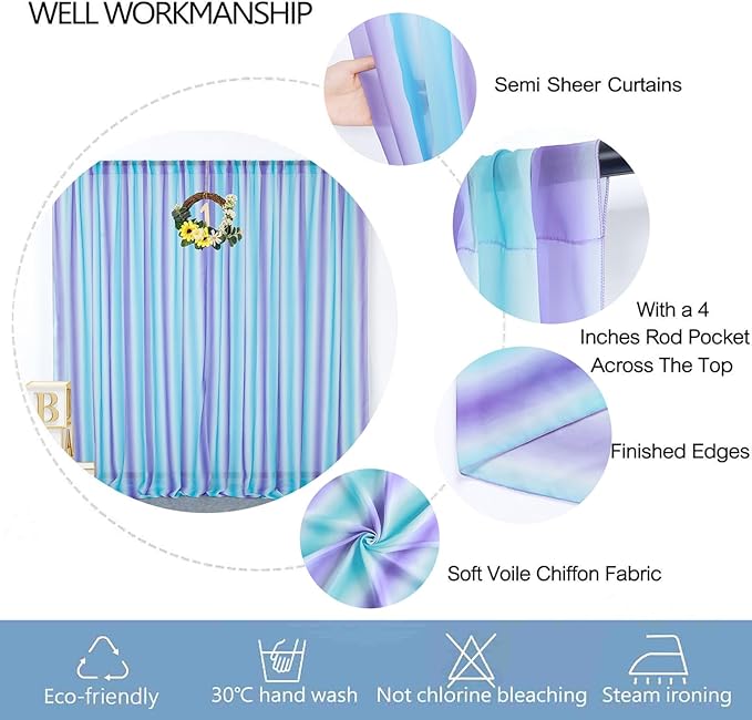 DUOBAO 2-Pack Mermaid-Inspired Chiffon Curtain Panels - Long Ombre Aqua Turquoise Teal Lilac Purple Sheer Voile for Girls' Bedroom & Living Room Windows, Each 58"" W x 120"" L