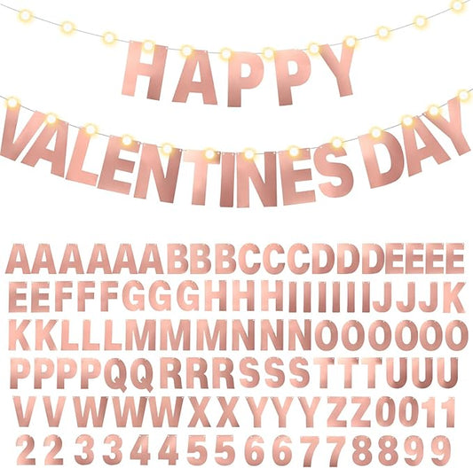 TaoBary 112 Pcs DIY Letter Kit Glitter Customizable Banner Letters Include 107 Letters and Numbers 3 Rope and 2 Needles for Birthday Halloween Christmas Wedding Valentine Party Decor(Bright Rose Gold)