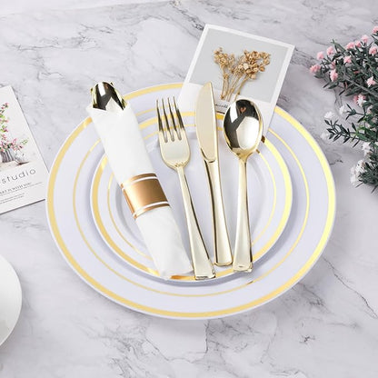 BESTVIP 100 Pack Pre Rolled Gold Plastic Silverware Set, Disposable Wrapped Cutlery Set with 100 Napkins, 100 Knives, 100 Forks and 100 Spoons for Party, Birthday