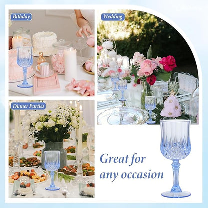 Blue Plastic Wine Glasses 7oz – 24 Pcs Unbreakable Vintage Plastic Goblets for Parties Reusable & Dishwasher Safe Ideal for Weddings, Bars, and Every Celebration