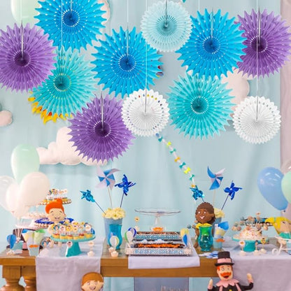 SUNBEAUTY Pack of 11 Purple Lavender Blue Hanging Honeycomb Paper Fans Decoration Mermaid Theme Tissue Paper Fan Garland for Baby Shower Girl Kid Birthday Under The Sea Wedding Party Supplies
