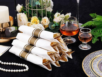 50Guests Pre Rolled Gold Plastic Silverware Sets - Heavy Duty Hammered Gold Cutlery Include 50 Pack Wrapped Disposable Utensils with Napkins for Parties, Dinners & Weddings