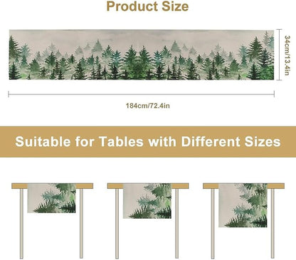 Foggy Forest Table Runner,Green Forest Natural Landscape Table Runner for Kitchen Dining Table Home Party Decoration 13x72 Inch