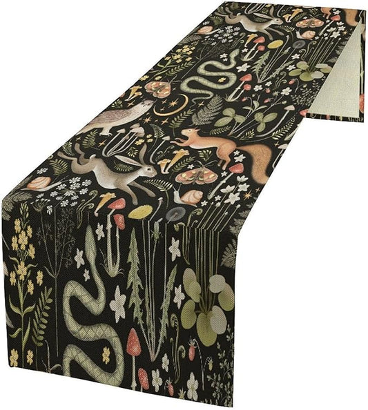 Mushroom Table Runner,Vintage Boho Forest Wild Animal Wildflower Botanical Plants Pattern Print Burlap Hotel Indoors Outdoor Dining Room Kitchen Holiday Party, 13x60in