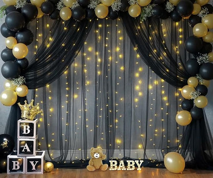 10ft x 10ft Black Tulle Photo Backdrop Curtain with Lights String for Parties Sheer Black Curtain Backdrop for Birthday Party Baby Shower Wedding Photo Booth Photography Background Decorations