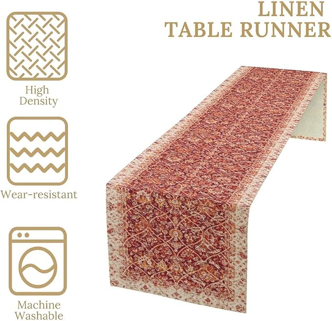 Boho Floral Vintage Table Runner, Retro Red Flower Rustic Country Farmhouse Abstract Pattern for Home Kitchen Table Decor Dining Coffee Room Party Decor 13x108in
