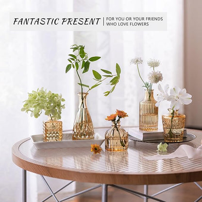 12pcs Glass Bud Vase Set, Small Gold Amber Flower Vases for Centerpieces in Bulk, Mini Vintage Vase for Wedding, Home,Table Decoration