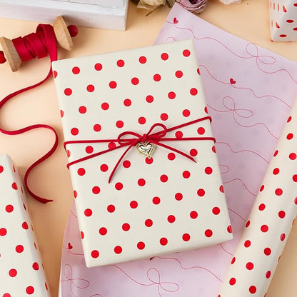 Flyhill Polka Dot Wrapping Paper,Reversible Pink Beige Elegant Heart & Bow Gift Wrap Suitable for Birthday,Girls,Baby Shower,Wedding (17 Inch X 32.8 Feet)