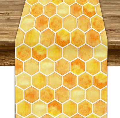 Honeycomb Bee Table Runner, Cute Abstract Geometric Yellow Honeycombs Print Table Cover for Kitchen Dining Table Indoor Outdoor Party Decor, 13x108inch