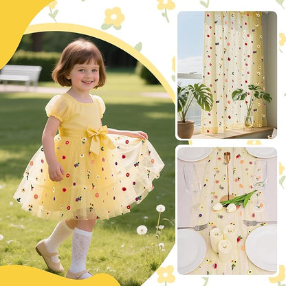 BINBE 3pcs Daisy Fall Table Runner Embroidery Gauze 10FT Florals Seasonal Tulle Holiday Birthday Kitchen Dining Table Decor for Home Party Yellow