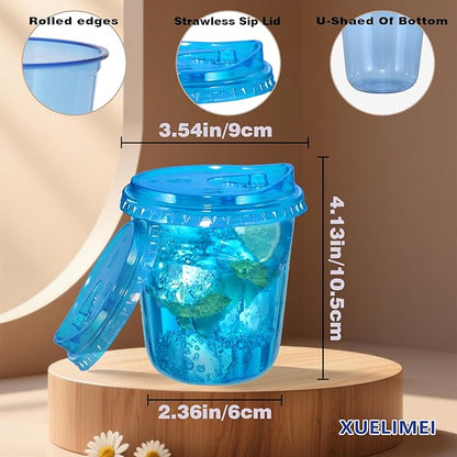 12oz Disposable Stemless Glasses With Strawless Sip Lids,PET Disposable Drinking Cups,Clear Plastic Wine Glasses for Parties Birthday,Wedding,Meeting,Christmas Party Supplies. (100, Blue)